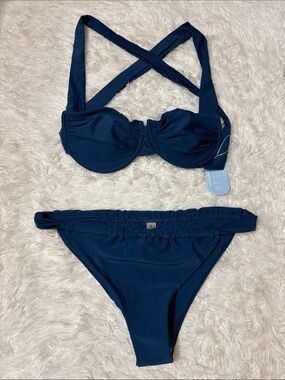 NWT Hilinker Dark Blue 2 Piece Underwire Cross Back Ruched Swim Set XXL